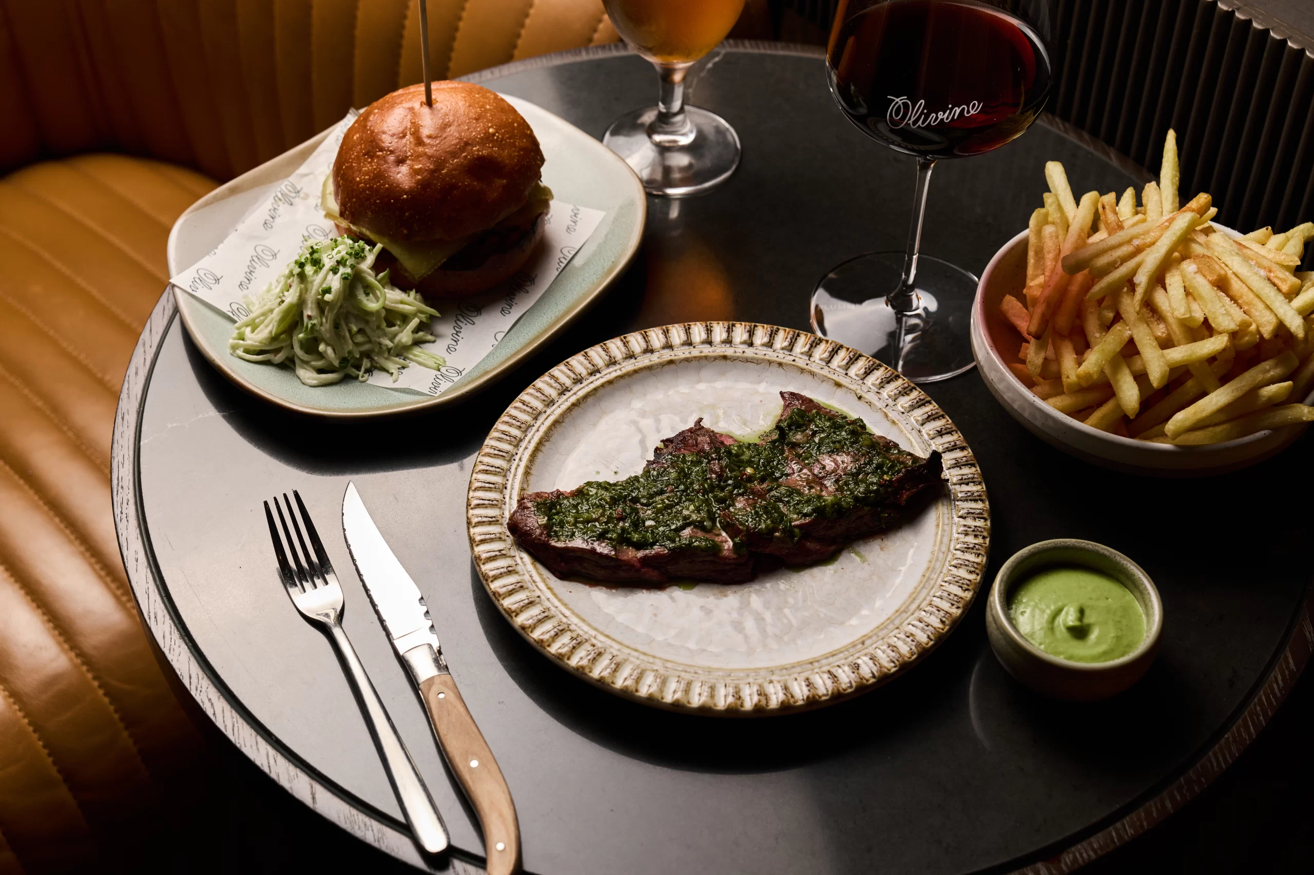 Grilled Flank Steak, Chimichurri and Brisket Burger, Potato Bun, Kohl Rabi and Apple Slaw