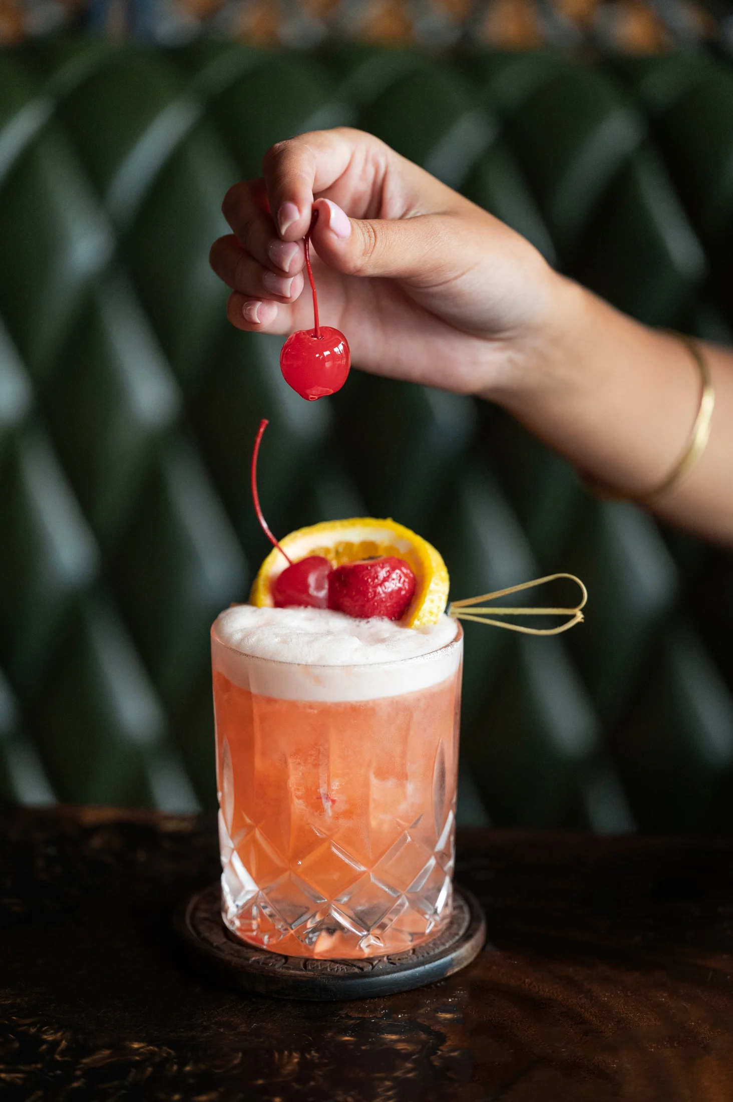 Rose and lychee spritz cocktail served at The Meat & Wine Co Collins Street
