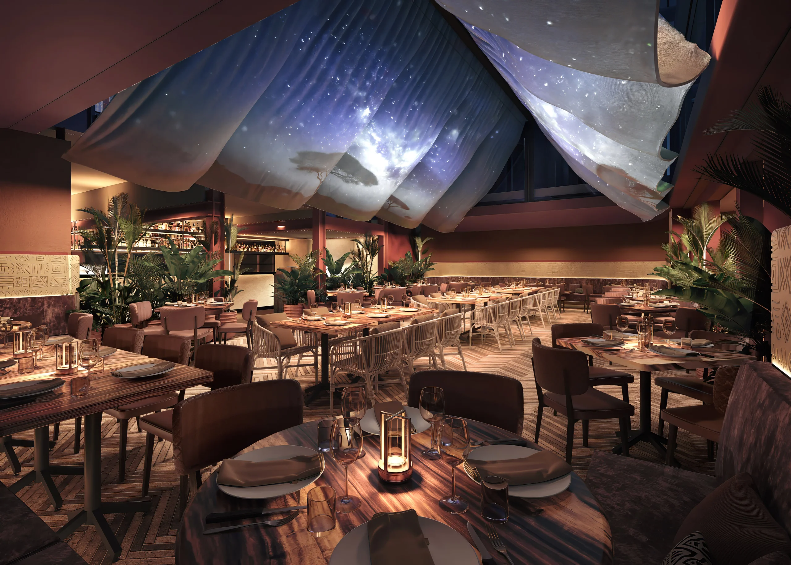 The African Sky dining room at The Meat & Wine Co Collins Street, with canvas ceiling projections